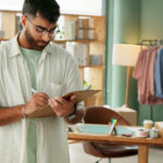 Businessman writing down things required for shop